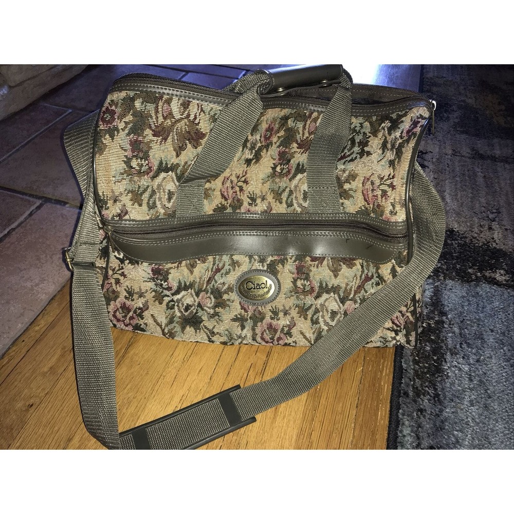 Vintage Ciao! Floral Green Tapestry Carpet Bag Tote Carry On 15” Long Luggage